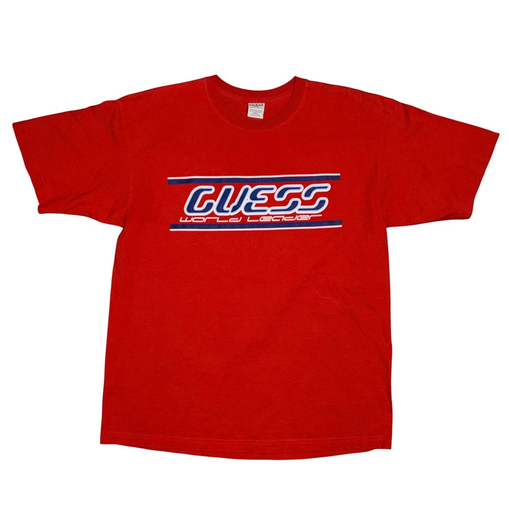 Vintage Guess USA World Leader Graphic T-Shirt Red Mens Large 01350 Racing Tee - Picture 1 of 6